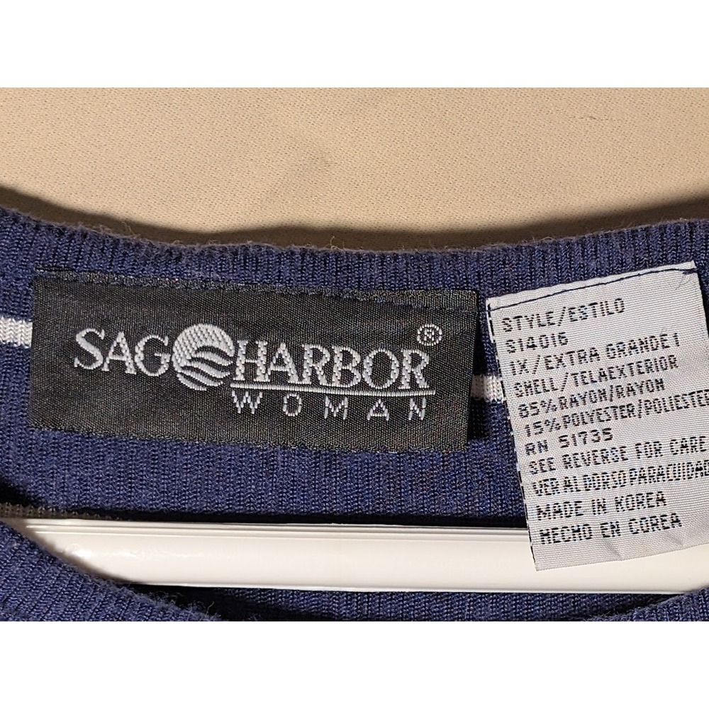Sag Harbor Woman Striped T-Shirt Blue White 1X Short Sleeve Rayon Blend - Picture 3 of 3